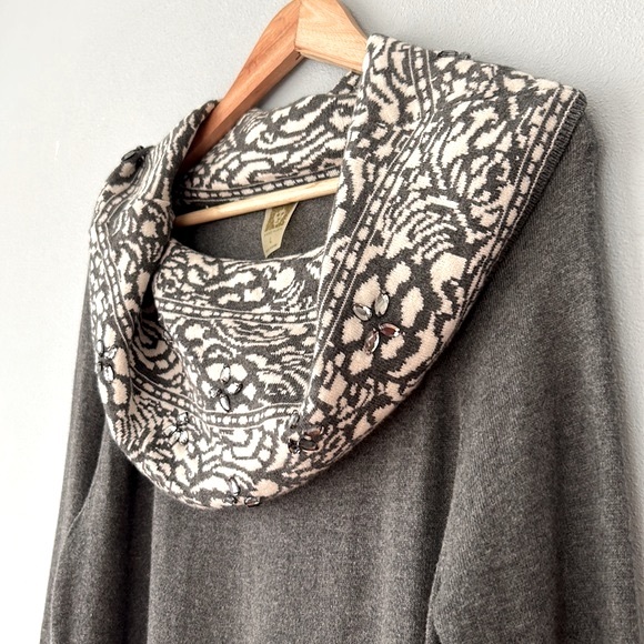 Anne Klein • Jeweled Rhinestone Gray Cowl Neck Long Sleeve Sweater Size Large